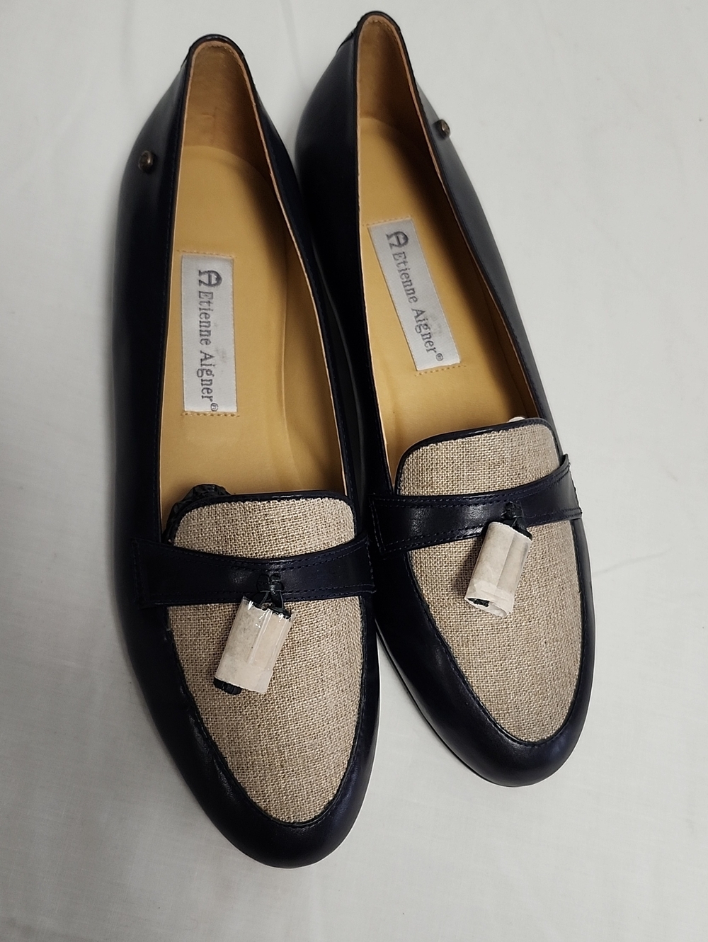 Etienne Aigner Black Leather and Beige Fabric Tassel Loafers